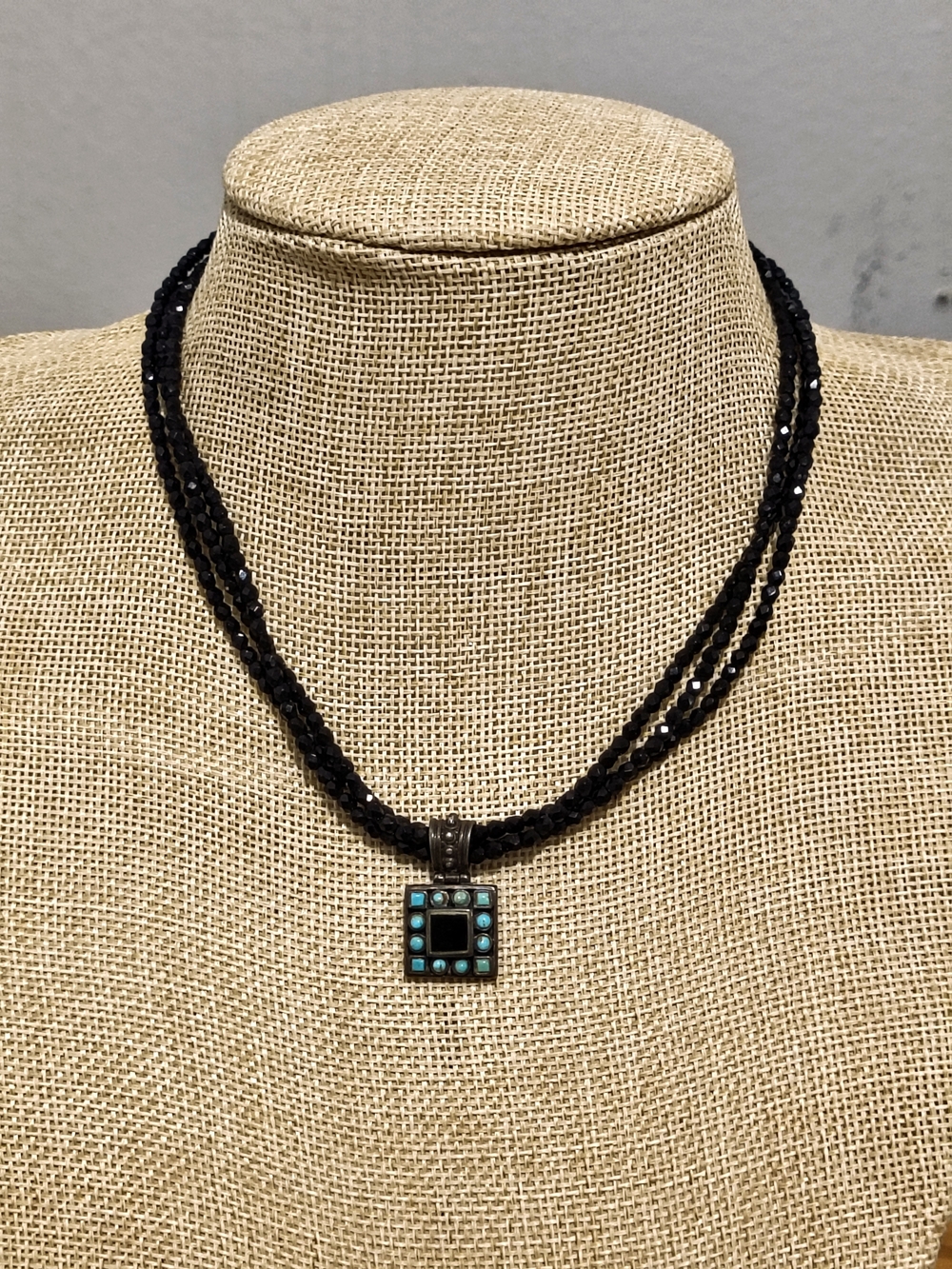 Vintage Black Onyx & Turquoise Sterling Silver Pendant Necklace